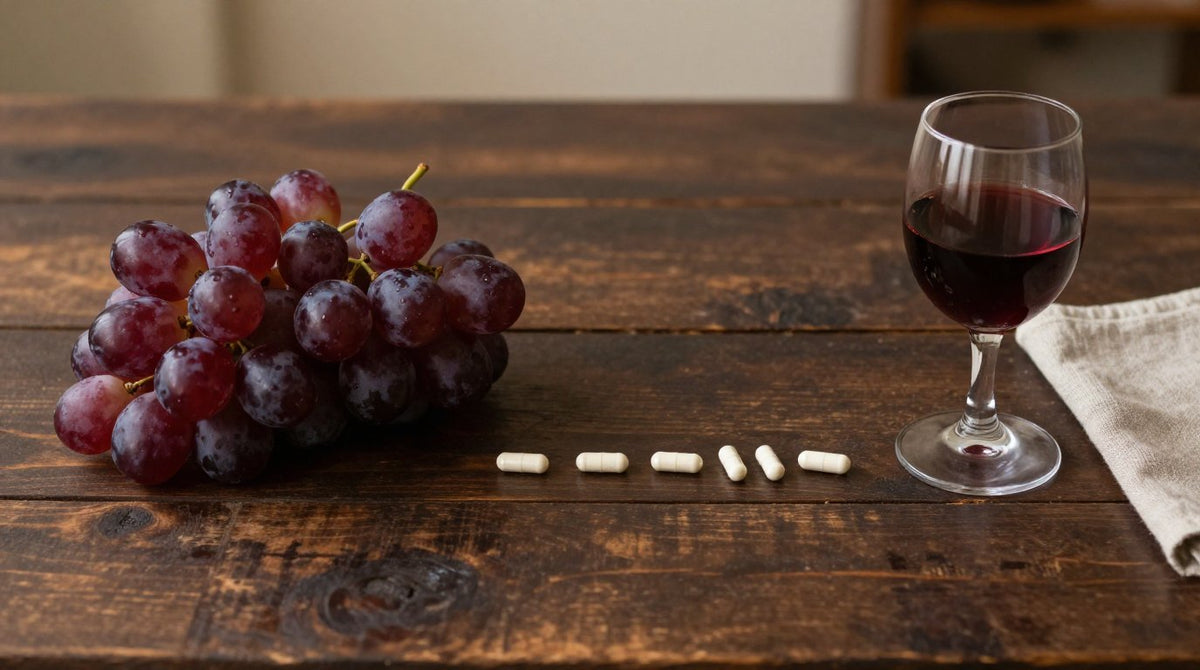Dark red grapes, a row of plain capsules and a glass of red wine on a rustic wooden table in warm light