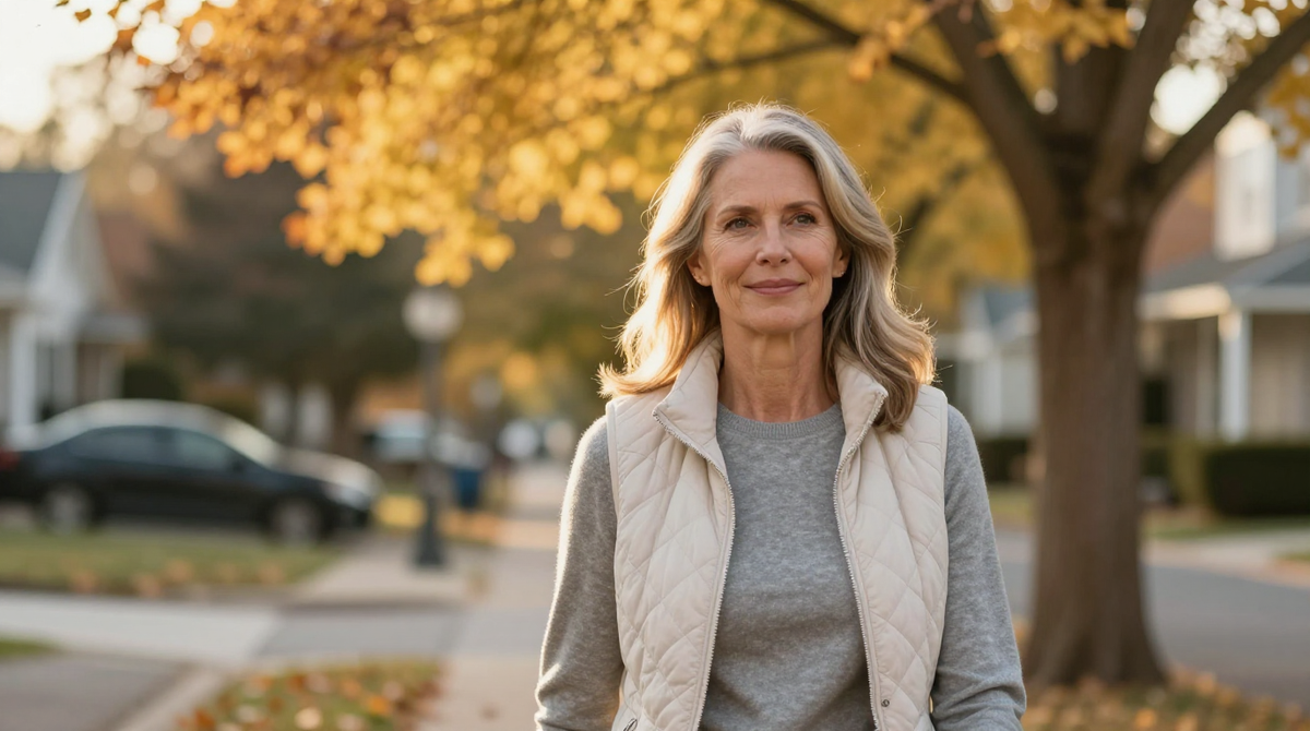 A woman in her early fifties with grey-streaked blonde hair and a quilted vest smiling on an autumn morning walk along a tree-lined street