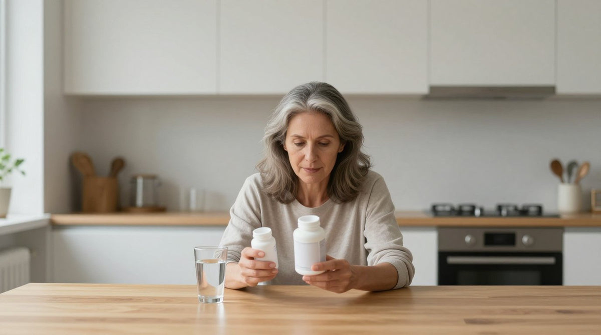 A woman in her early fifties at a kitchen table reading the label on plain white supplement bottles, a glass of water beside her