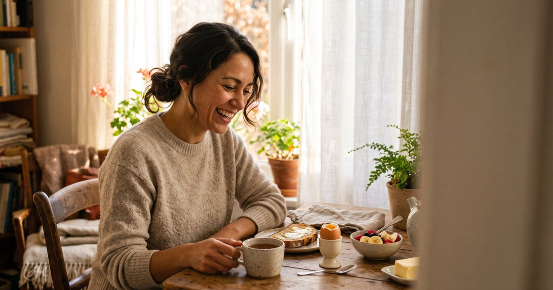 A woman laughing softly over breakfast at a sunlit kitchen table, toast, egg, and fruit in front of her