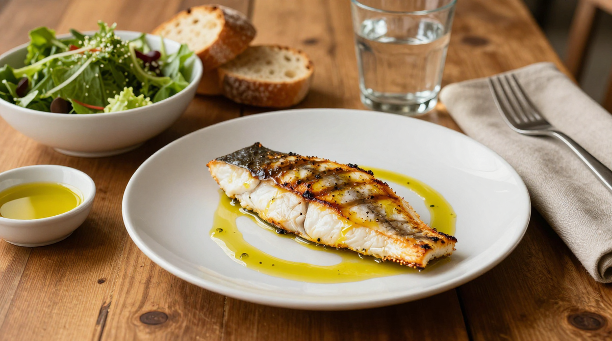 A Mediterranean dinner table with grilled fish, olive oil, a salad and bread in warm evening light