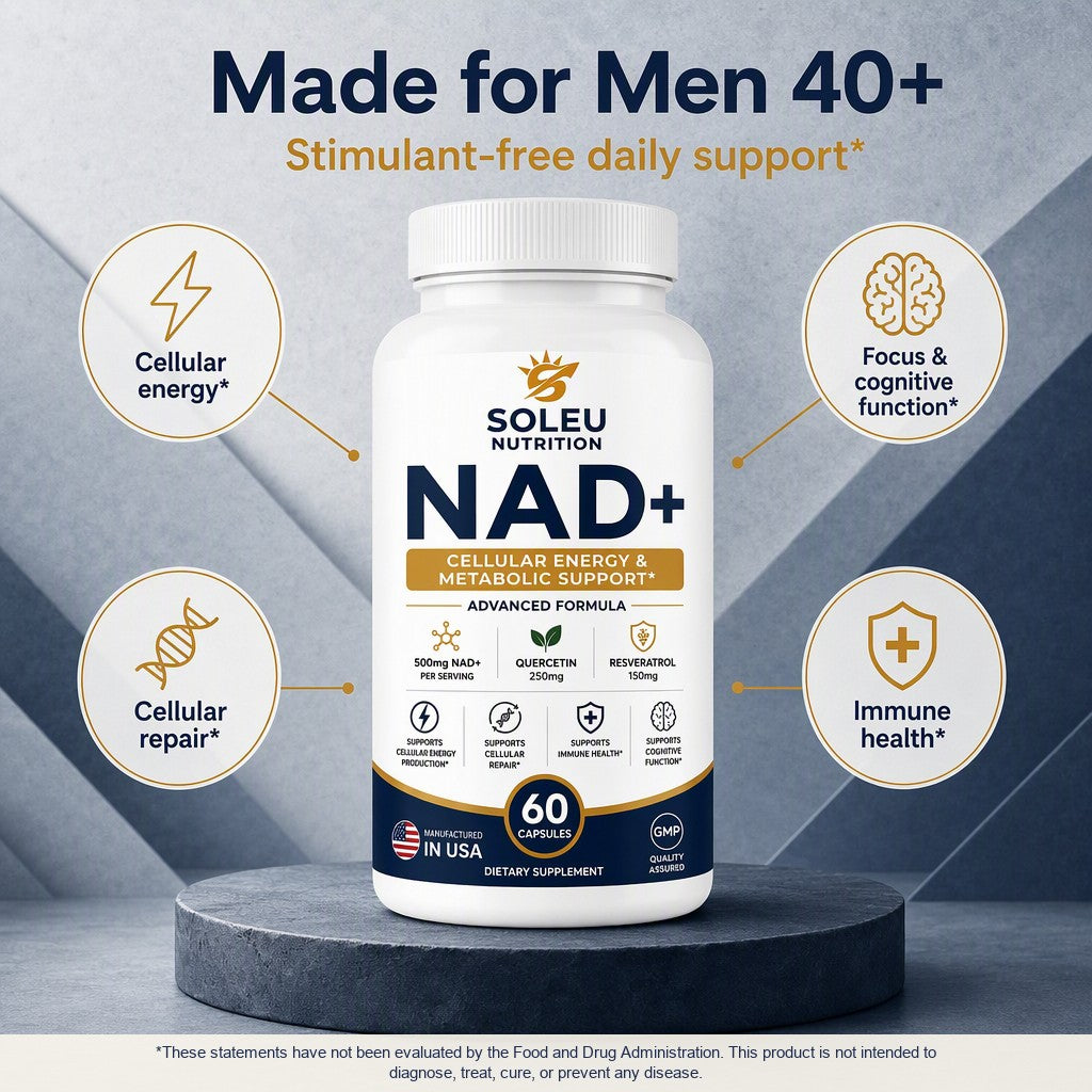 Soleu NAD+ for men 40+: stimulant-free daily support for cellular energy, focus, cellular repair and immune health