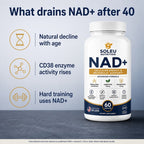 What drains NAD+ after 40: natural decline with age, rising CD38 enzyme activity and hard training