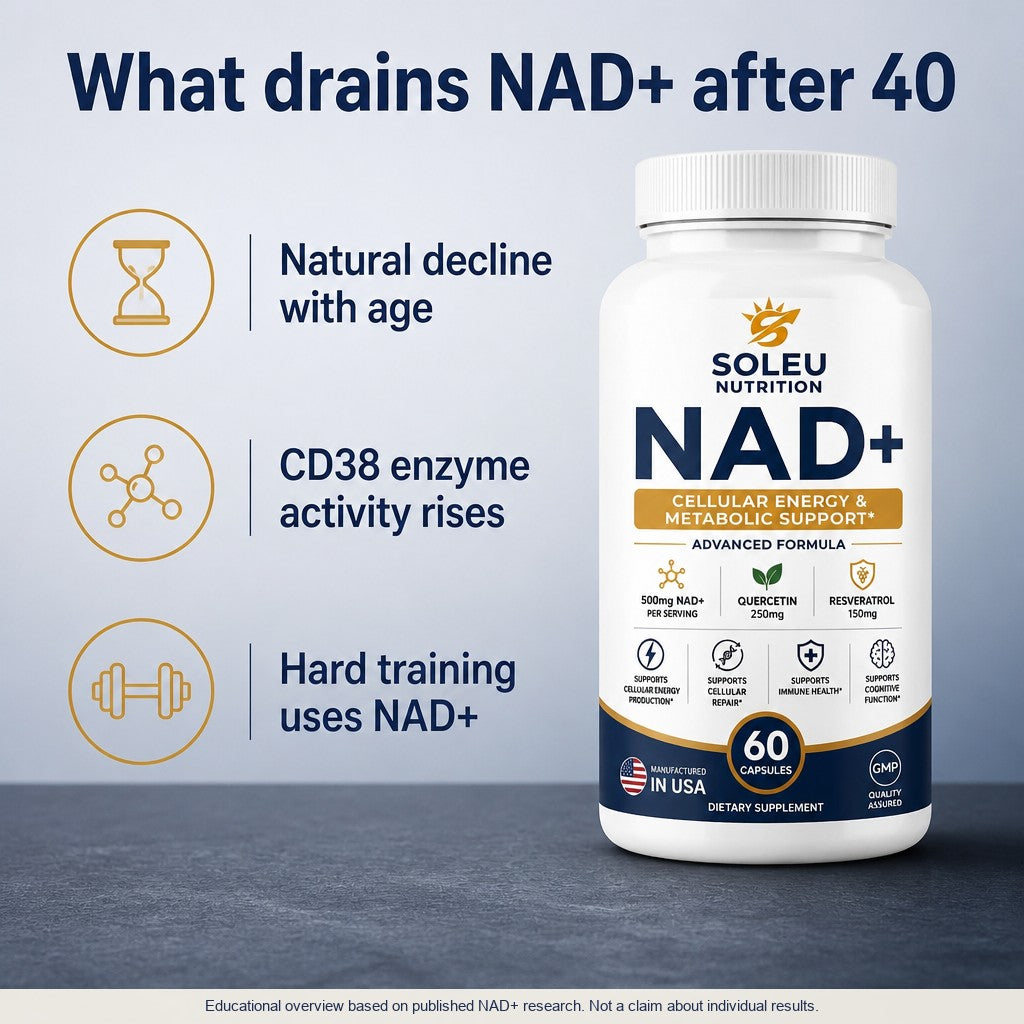 What drains NAD+ after 40: natural decline with age, rising CD38 enzyme activity and hard training