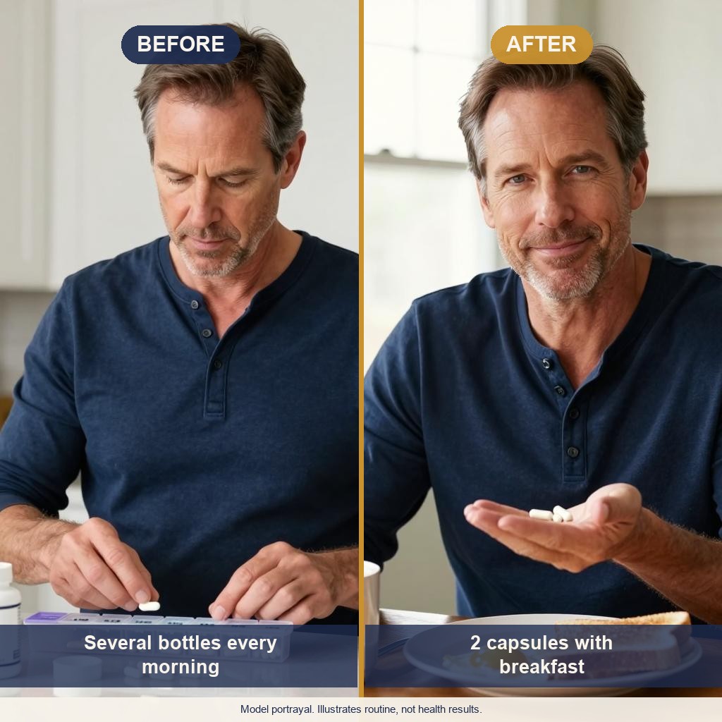 Model portrayal of a man's morning supplement routine: several bottles before, two capsules with breakfast after