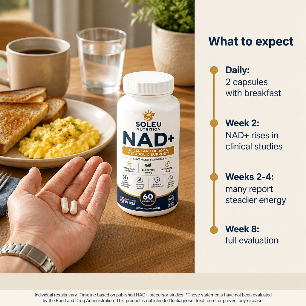 Man's hand holding two Soleu NAD+ capsules at breakfast with an 8-week what-to-expect timeline