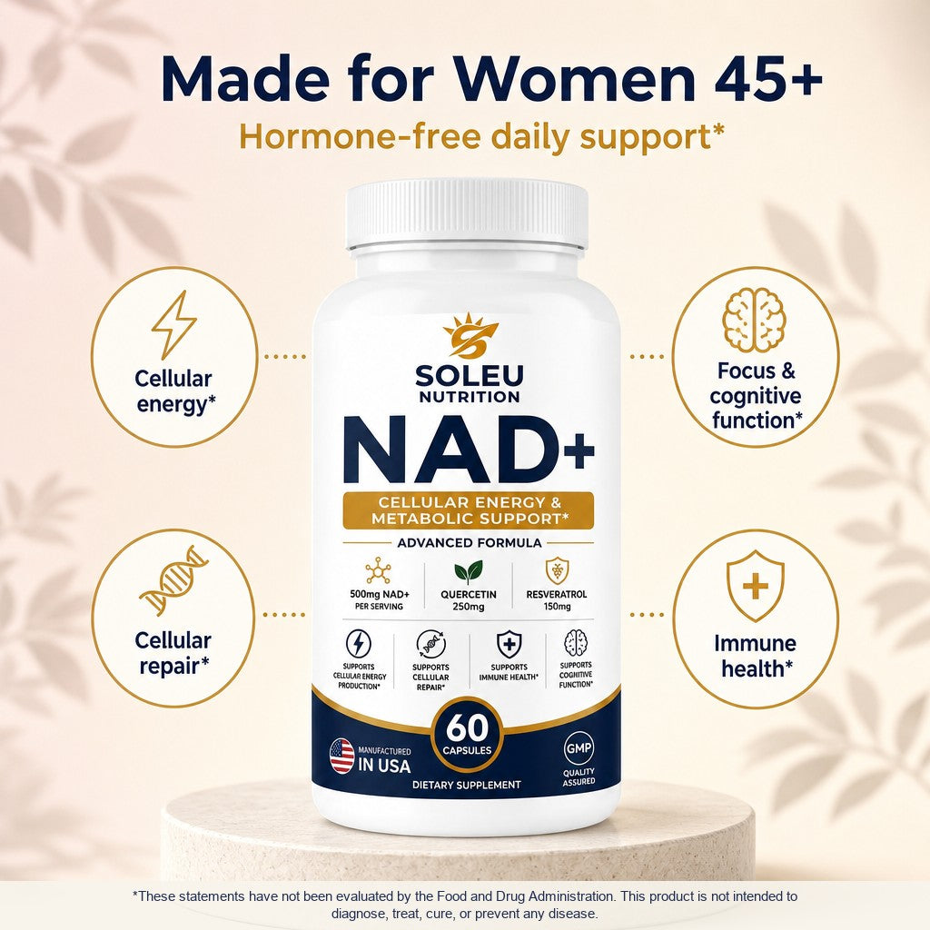 Soleu NAD+ for women 45+: hormone-free daily support for cellular energy, focus, cellular repair and immune health