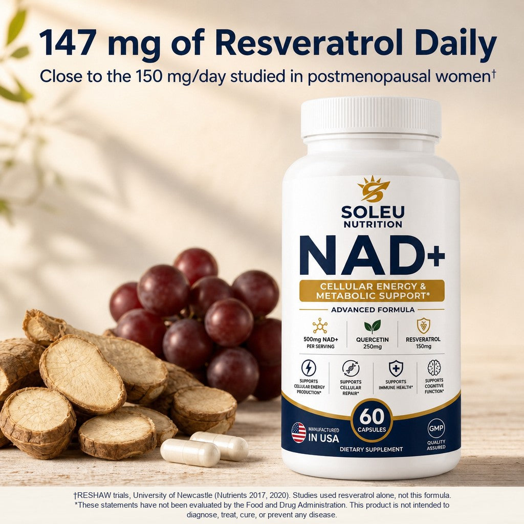 Japanese knotweed root, red grapes and capsules beside Soleu NAD+ with 147 mg resveratrol per serving