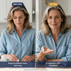 Model portrayal of a morning supplement routine: several bottles before, two capsules with breakfast after