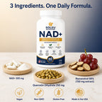 Soleu NAD+ ingredients: NAD+ 500 mg, quercetin dihydrate 250 mg and resveratrol 98% from Japanese knotweed