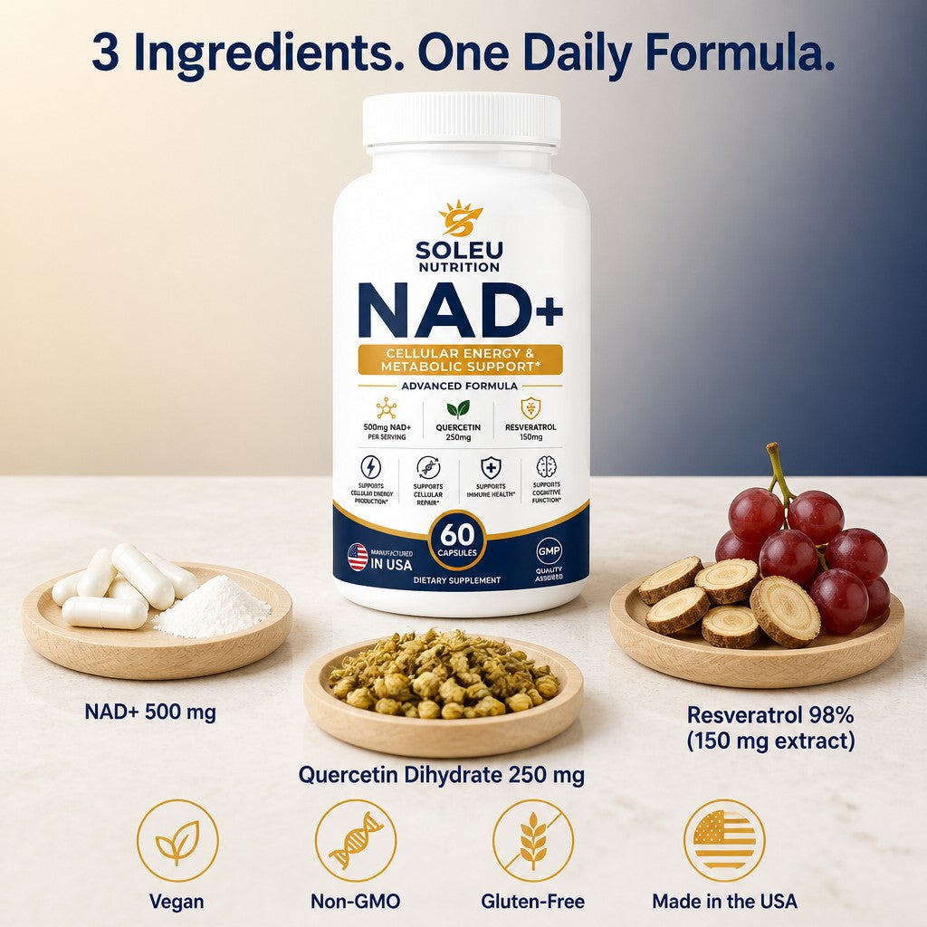 Soleu NAD+ ingredients: NAD+ 500 mg, quercetin dihydrate 250 mg and resveratrol 98% from Japanese knotweed