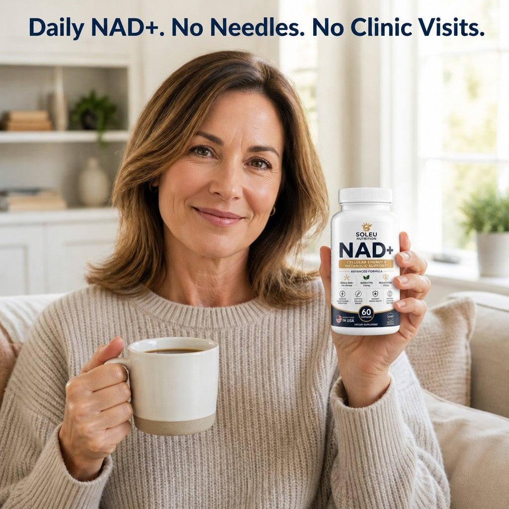 Woman relaxing at home with coffee holding Soleu oral NAD+ capsules, no needles or clinic visits