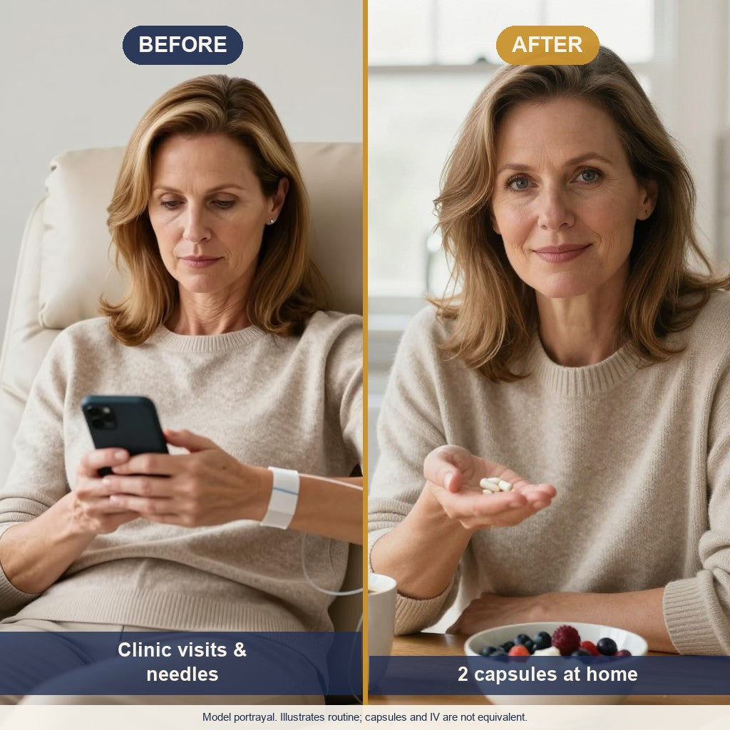 Model portrayal of a routine change: IV clinic visits before, two capsules at home with breakfast after